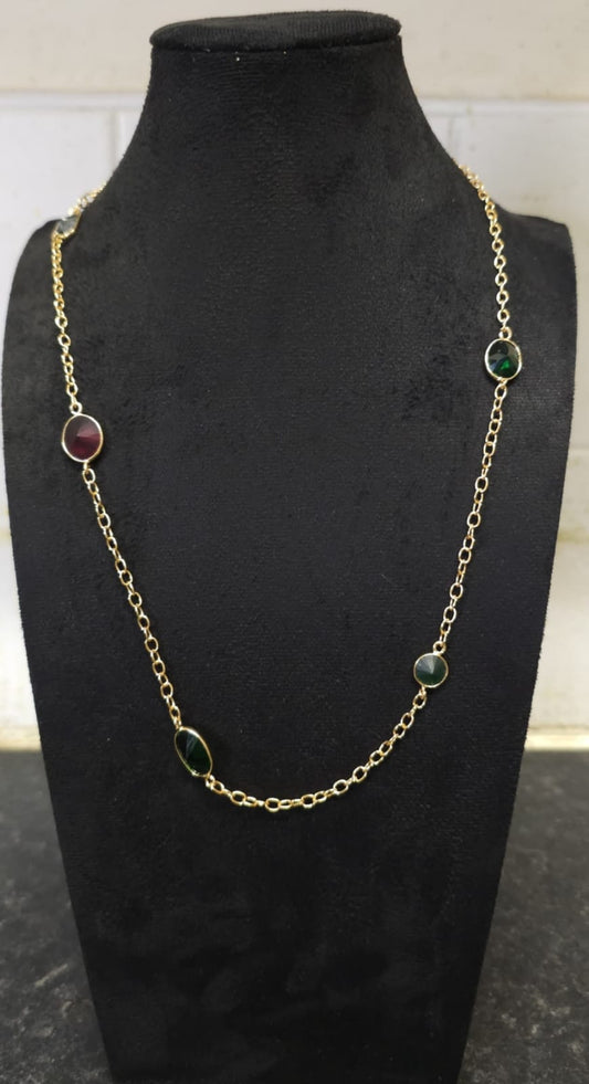 Golden Brass Chain Necklace with Gemstone Accents