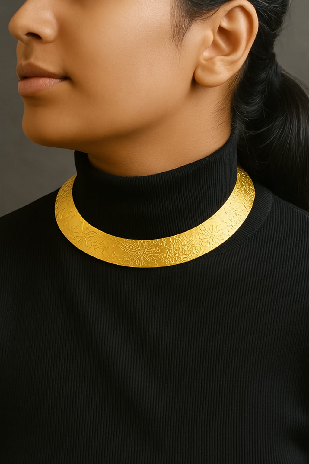 Textured Floral Embossed Hasli Necklace | Statement Flat Gold and Sliver Collar | Simply Sajavat Manchester