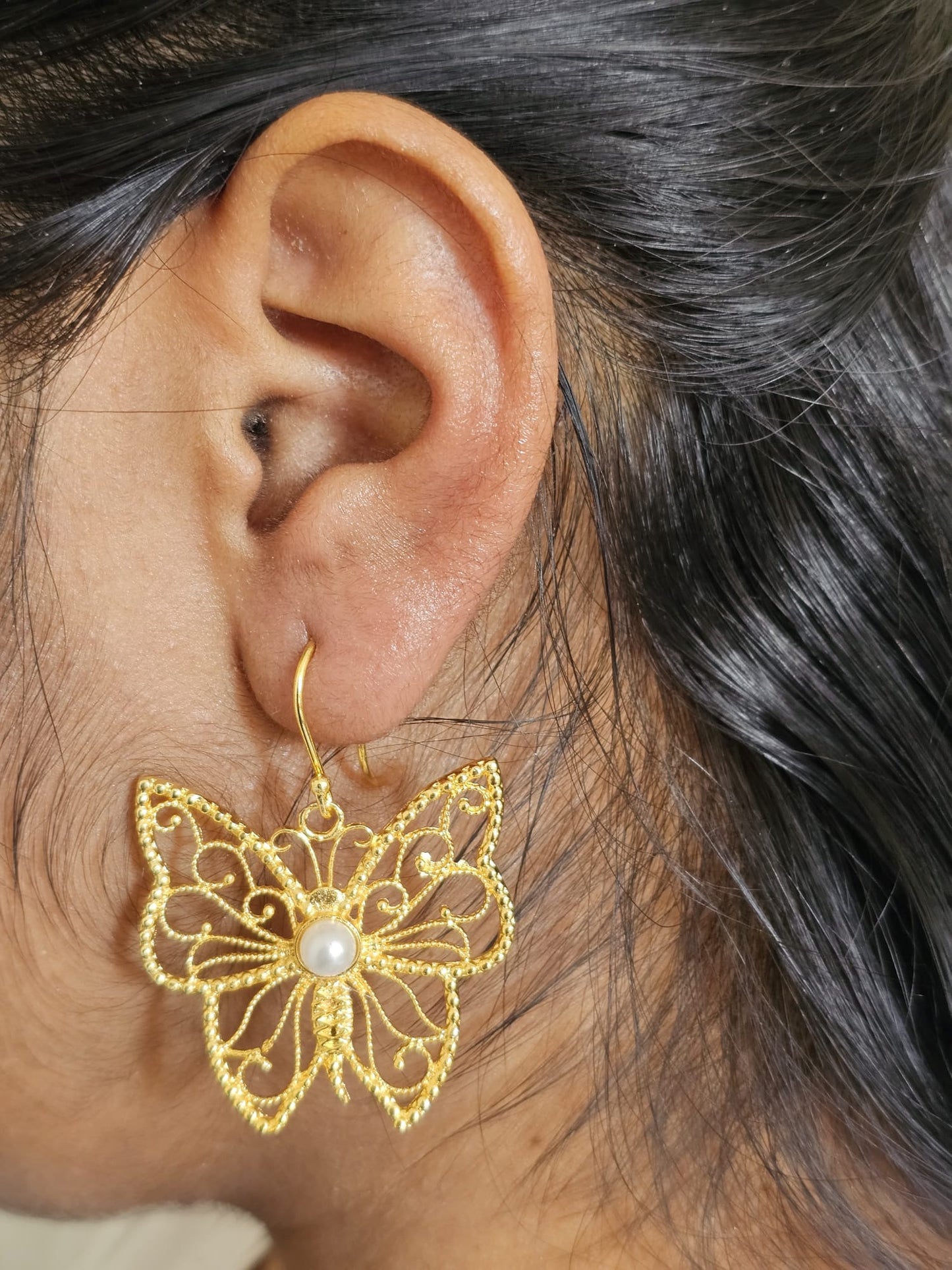 Handcrafted Indian Brass Butterfly Earrings | Titli Filigree Pearl Dangles | Premium Artisan Jewelry UK