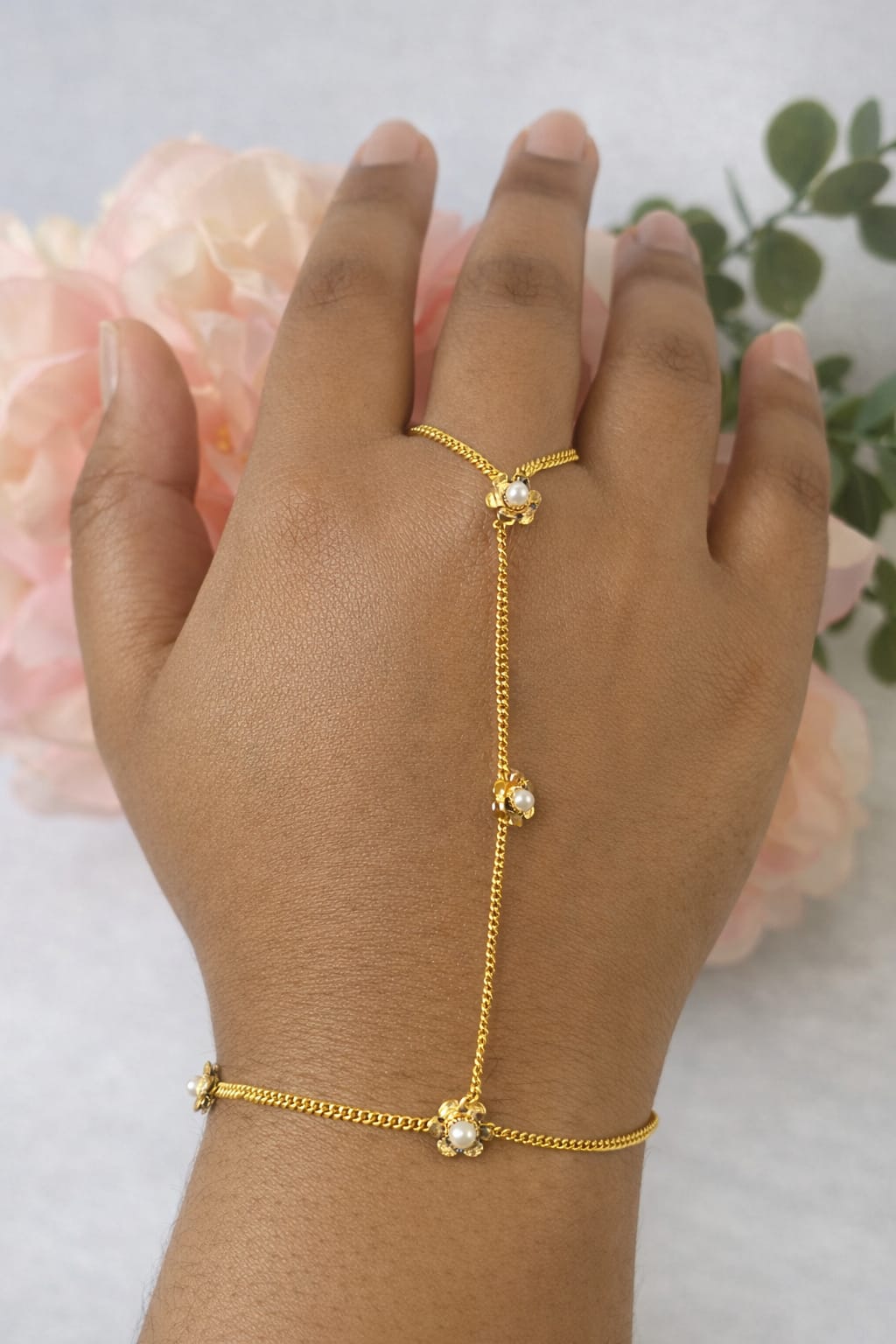 Gold Pearl Floral Haathphool | Traditional Indian Hand Harness Jewellery | Simply Sajavat Manchester