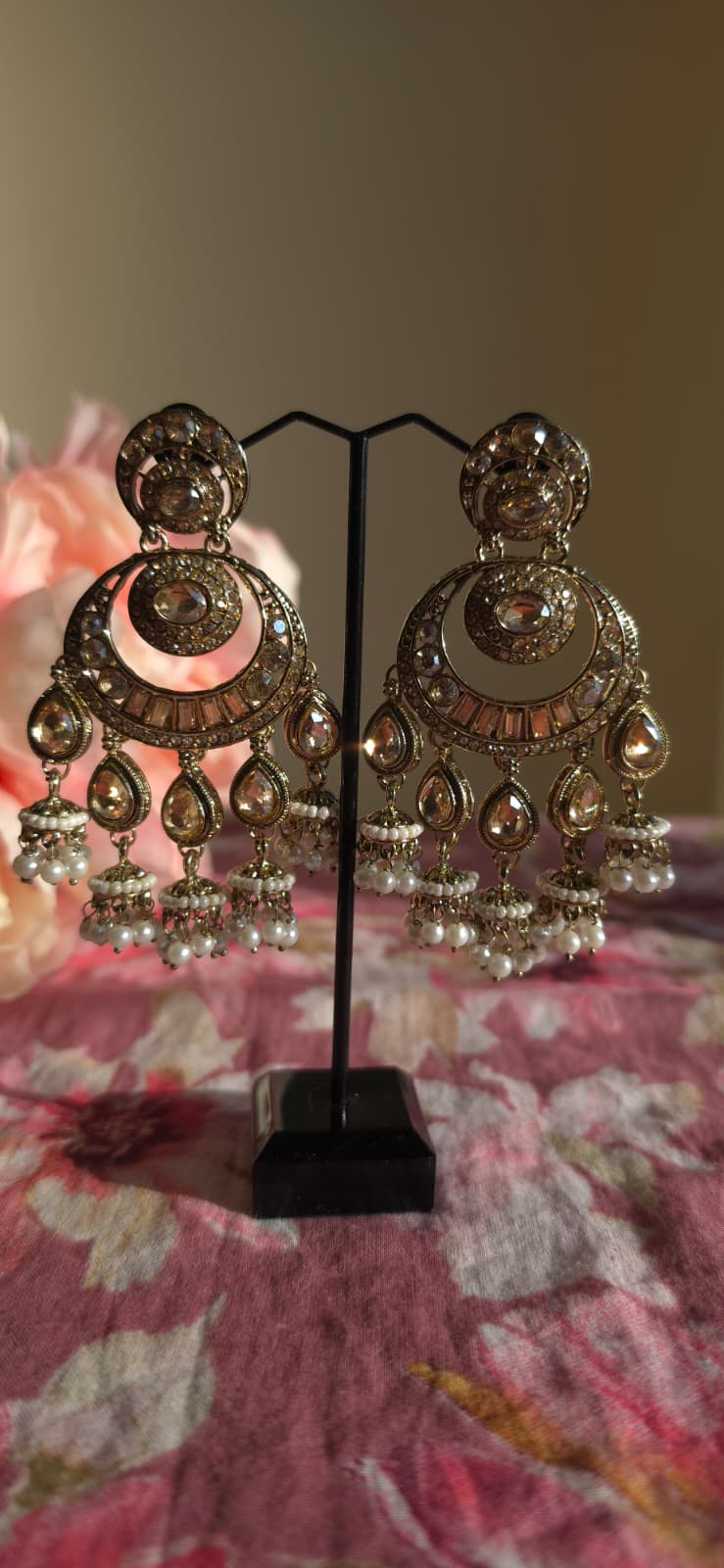 Ornate Antique Gold Kundan Chandbali Earrings | Pearl Jhumki Cluster Earrings | Simply Sajavat Manchester