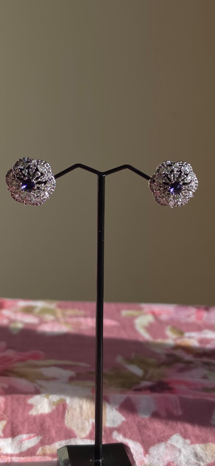 Pink & Purple American Diamond Brass Ear Studs | Handcrafted Floral Statement Earrings | Simply Sajavat Manchester
