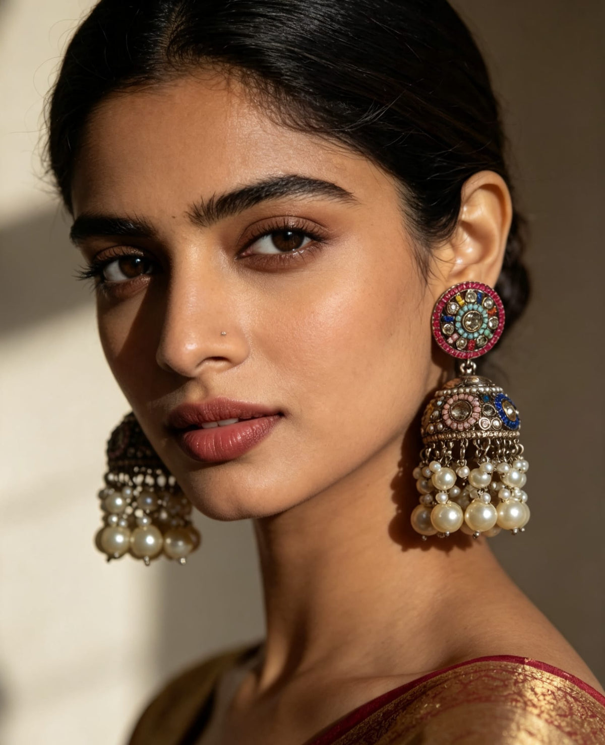 Multicolor Kundan Jhumka Earrings | Statement Pearl Fringe Earrings | Simply Sajavat Manchester