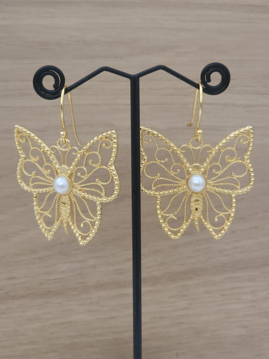 Handcrafted Indian Brass Butterfly Earrings | Titli Filigree Pearl Dangles | Premium Artisan Jewelry UK