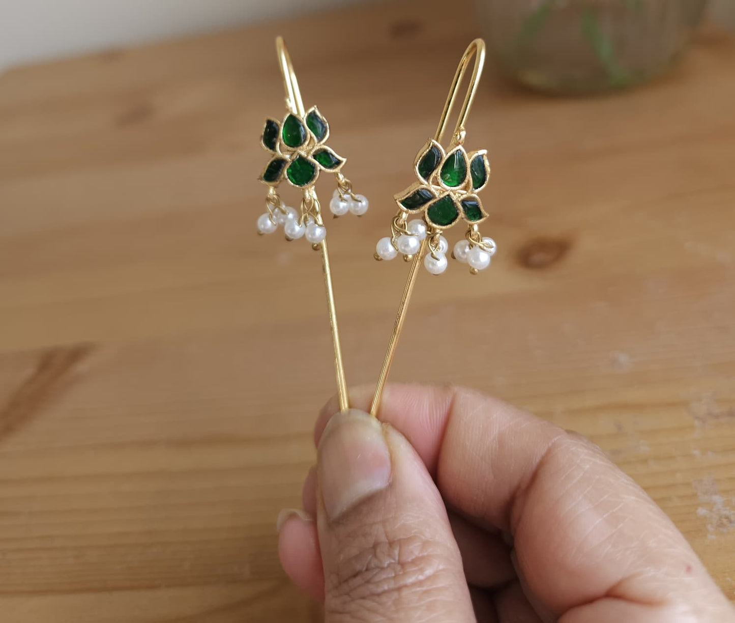 Golden Brass Floral Ear Cuffs | Emerald & Pearl Solid Metal Cuffs | Simply Sajavat Manchester