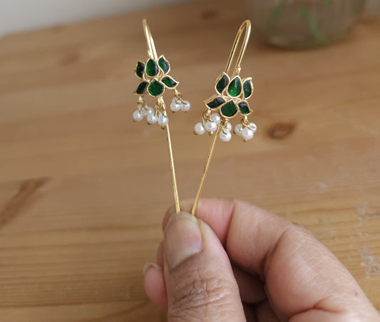 Golden Brass Floral Ear Cuffs | Emerald & Pearl Solid Metal Cuffs | Simply Sajavat Manchester