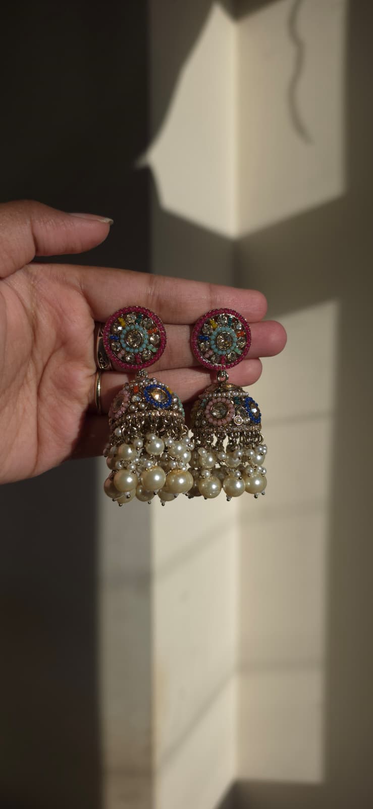 Multicolor Kundan Jhumka Earrings | Statement Pearl Fringe Earrings | Simply Sajavat Manchester