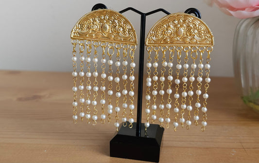 Golden Brass Semicircular Earrings with Pearl Cascade