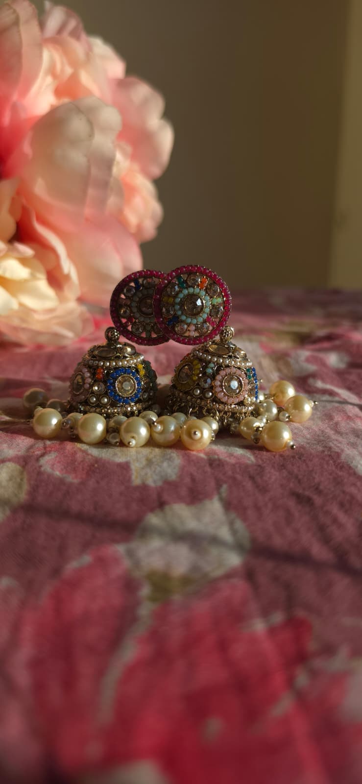 Multicolor Kundan Jhumka Earrings | Statement Pearl Fringe Earrings | Simply Sajavat Manchester
