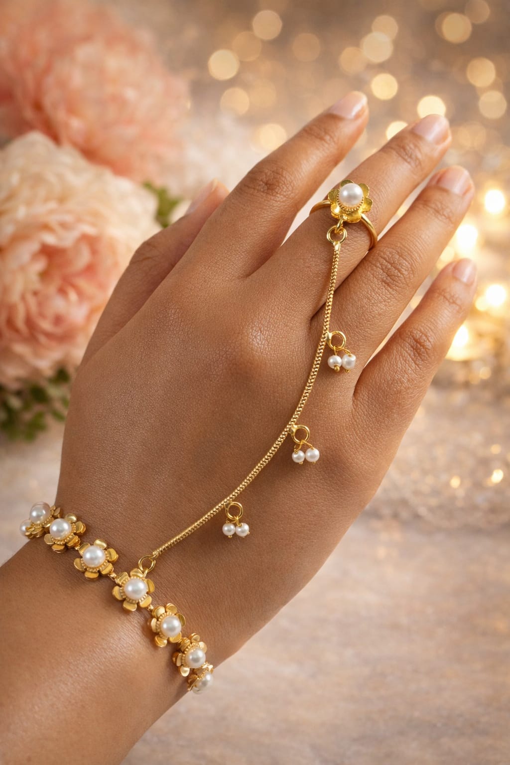 Gold‑Plated Brass Haathphool | Pearl Floral Hand Harness | Traditional Indian Bracelet‑Ring Jewelry | Simply Sajavat Manchester