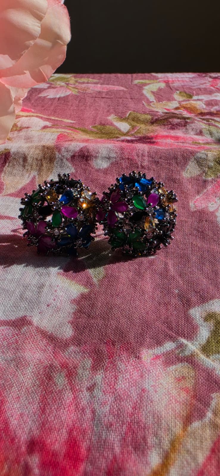 Multicolor American Diamond Brass Ear Studs | Handcrafted Floral Statement Earrings | Simply Sajavat Manchester