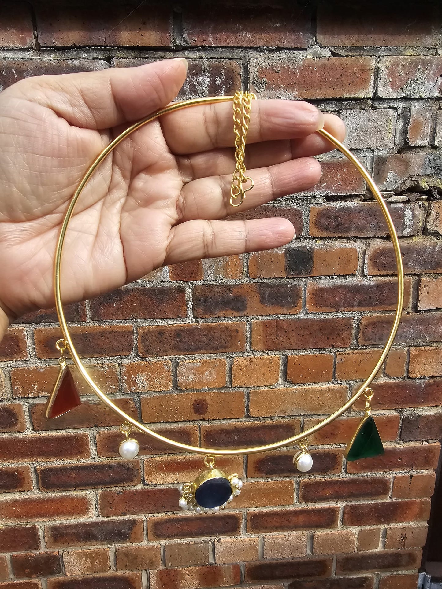 Authentic Indian Gold Hasli Necklace | Handcrafted Rajasthani Torque Choker with Pearl & Ruby Drops | Tarnish-Resistant Heritage Jewelry | UK Stock