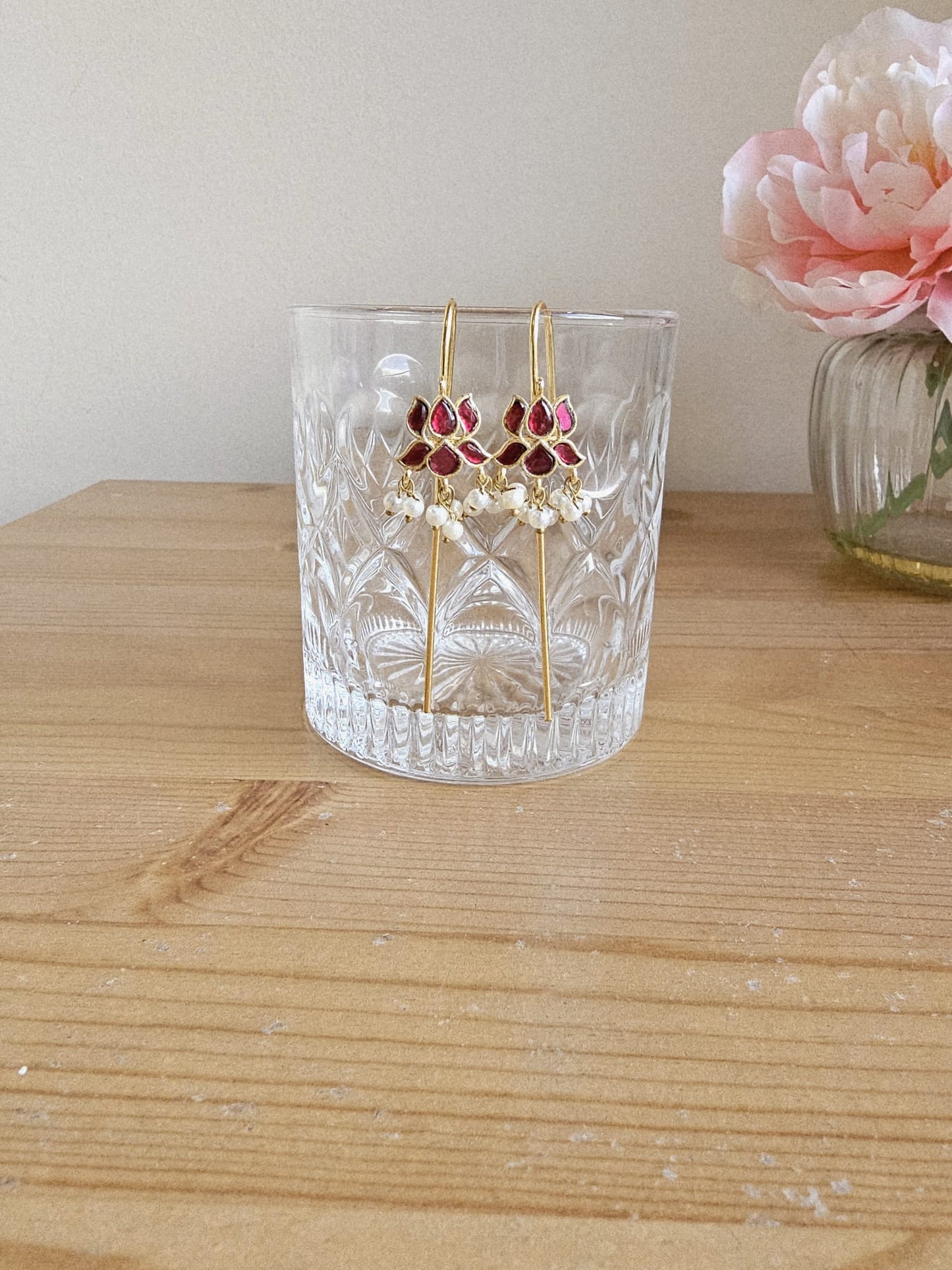 Golden Brass Floral Hook Earrings | Ruby & Pearl Solid Metal Drops | Simply Sajavat Manchester