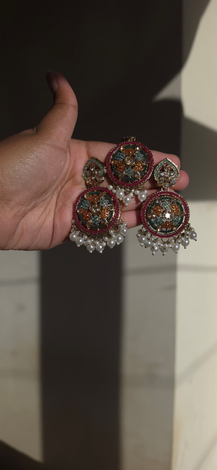Multicolor Kundan Chandbali Earrings & Maang Tikka Set | Handcrafted Pearl Cluster Statement Set | Simply Sajavat Manchester