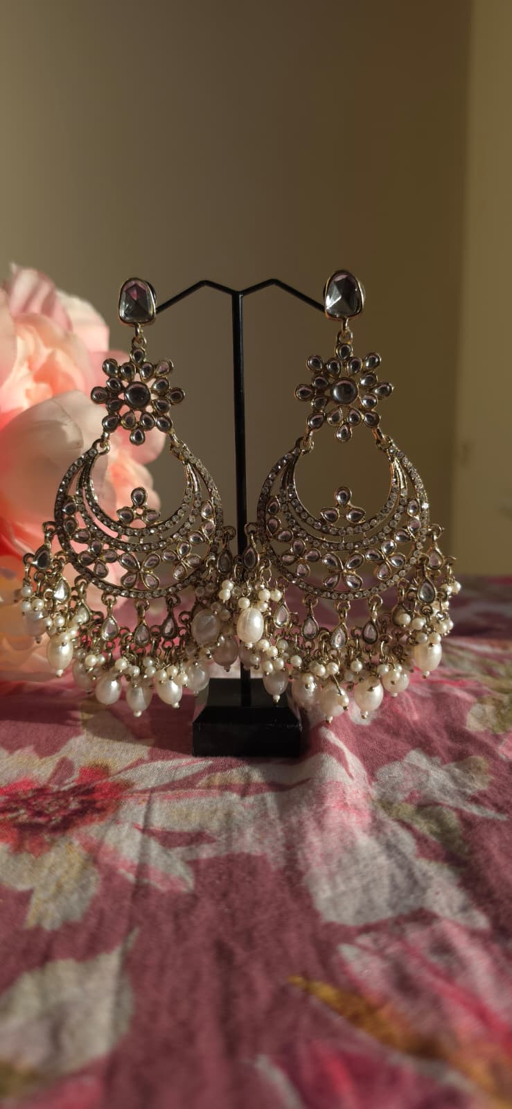 Kundan Crescent Chandbali Earrings | Pearl Cluster Statement Earrings | Simply Sajavat Manchester