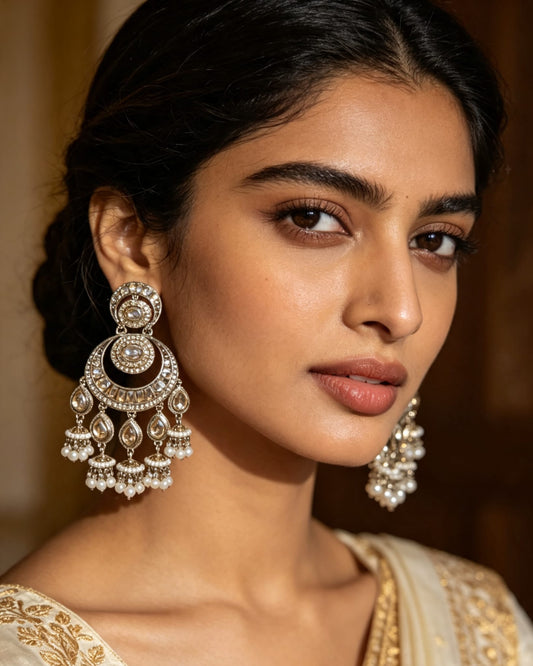 Ornate Antique Gold Kundan Chandbali Earrings | Pearl Jhumki Cluster Earrings | Simply Sajavat Manchester