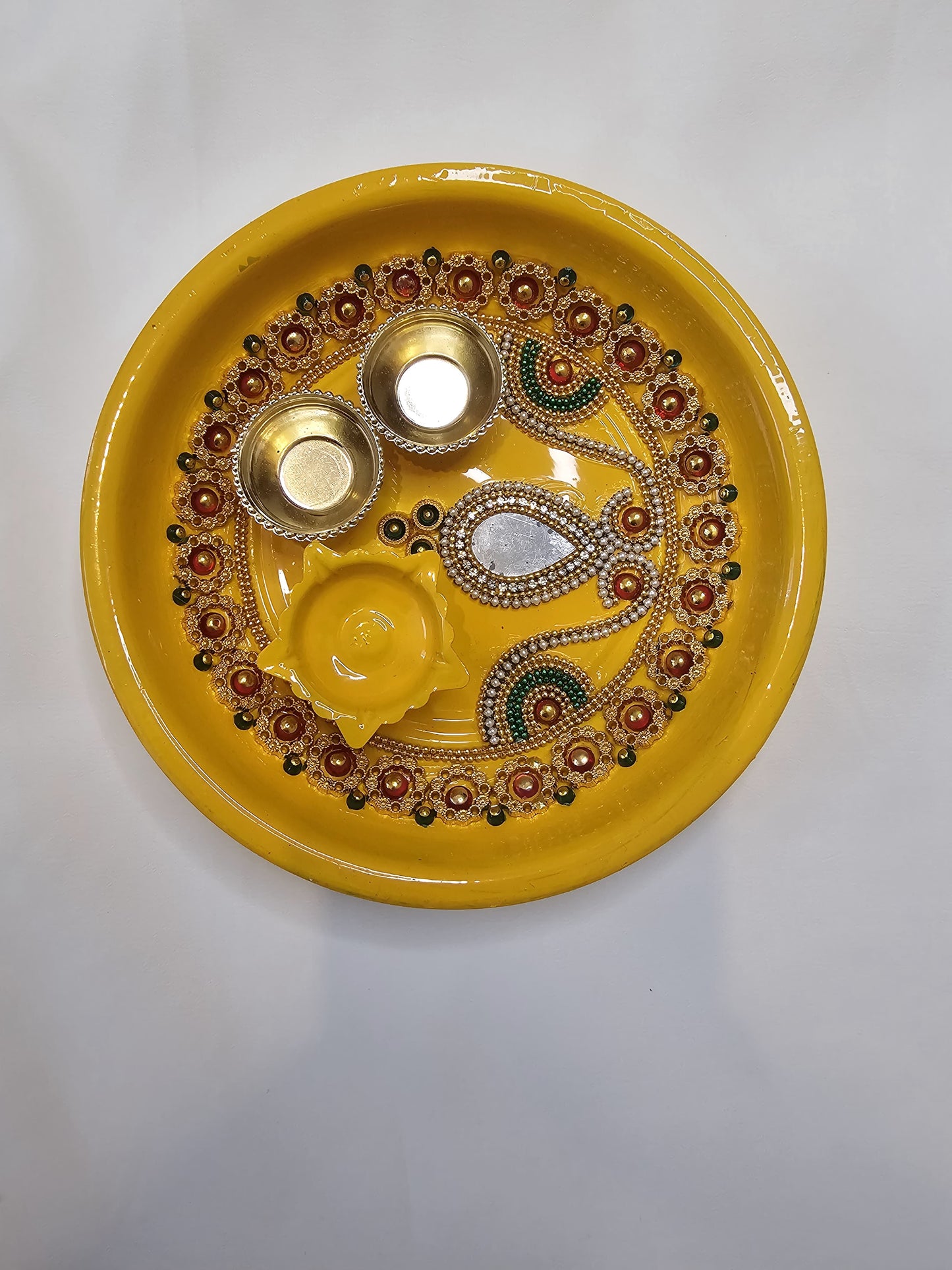 Yellow Decorative Puja Thali with Peacock Embellishment