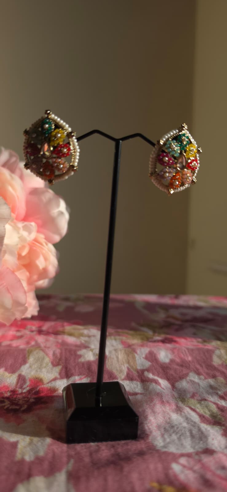 Multicolor Kundan Floral & Teardrop Stud Earrings | Handcrafted Pearl Border Statement Earrings | Simply Sajavat Manchester