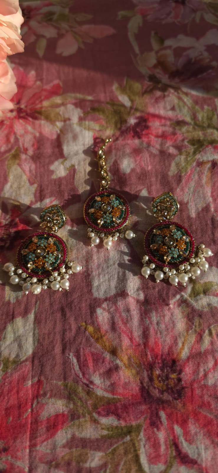 Multicolor Kundan Chandbali Earrings & Maang Tikka Set | Handcrafted Pearl Cluster Statement Set | Simply Sajavat Manchester