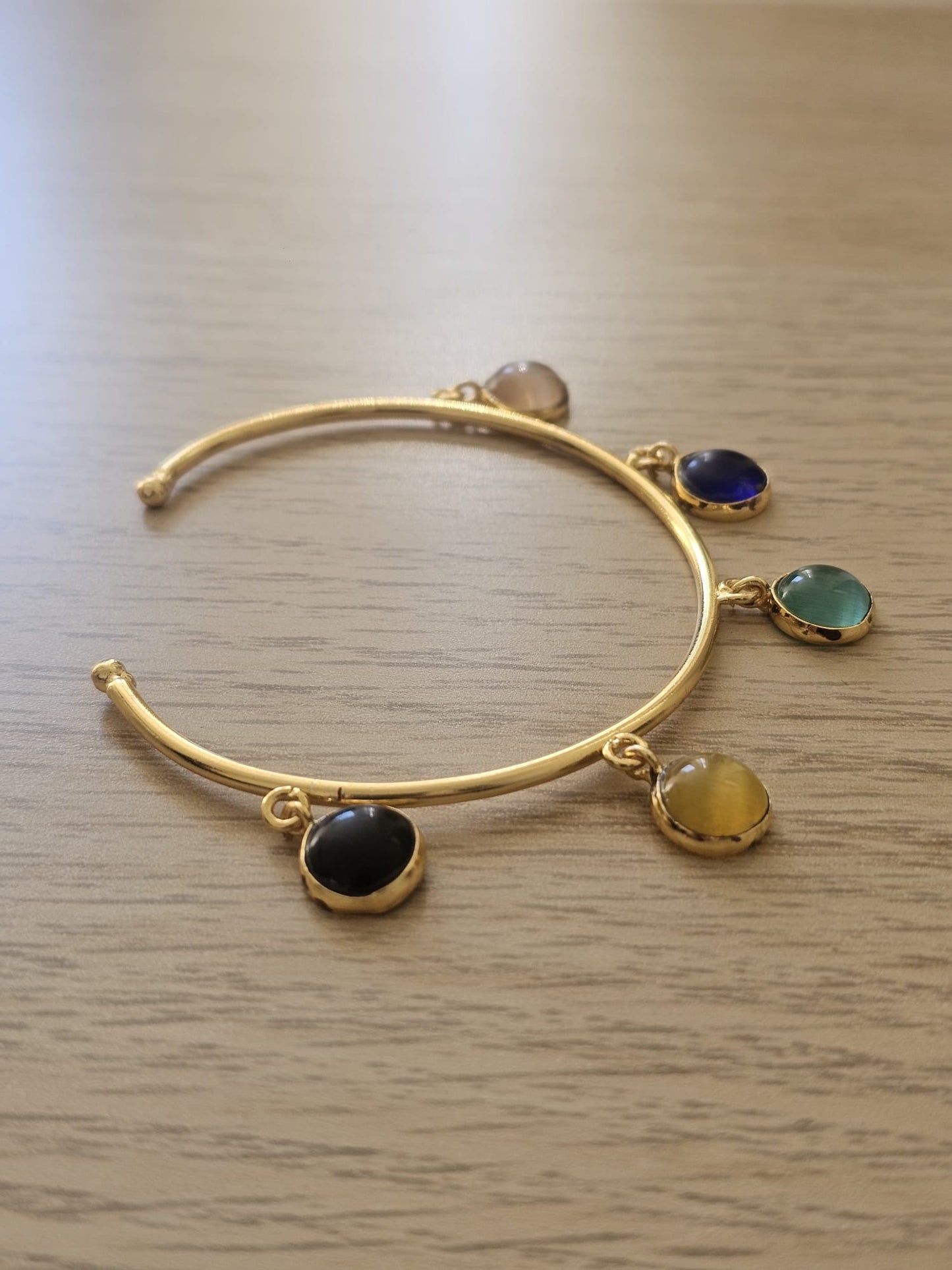 Indra Multi-Gemstone Indian Brass Bangle – Hand-Finished Charm Bracelet