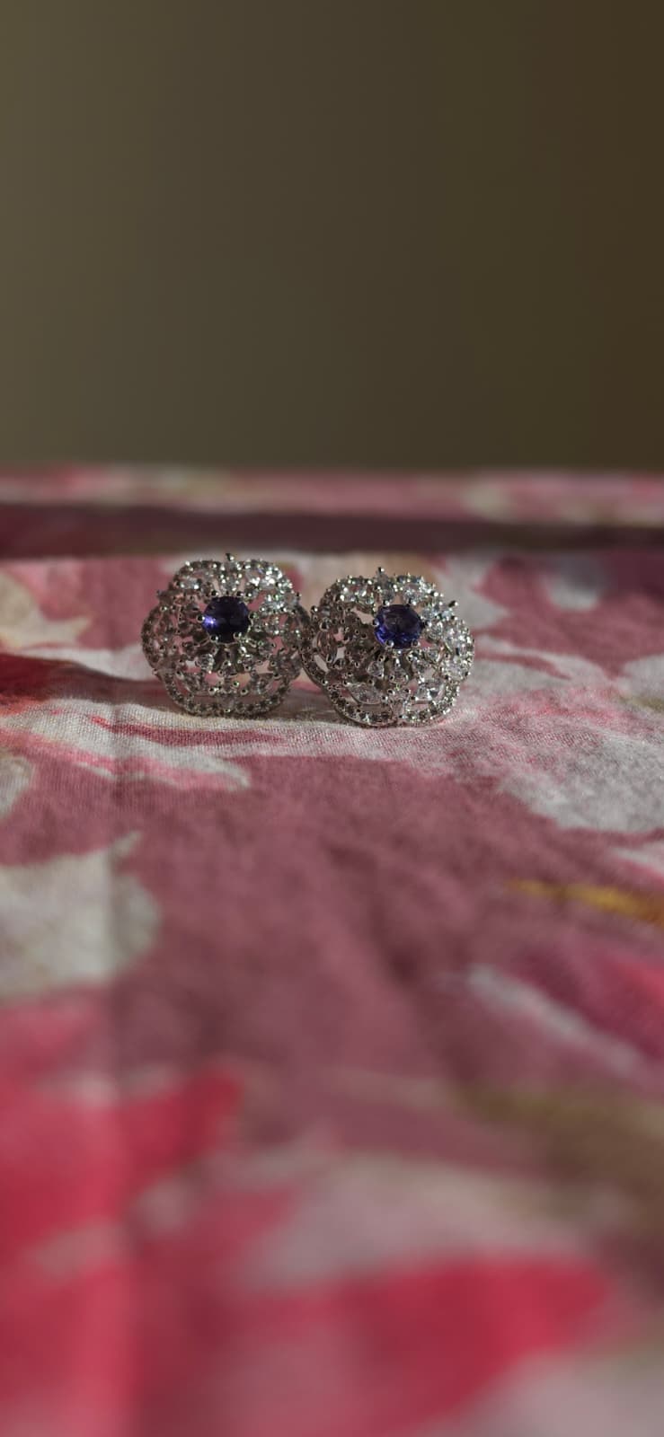 Pink & Purple American Diamond Brass Ear Studs | Handcrafted Floral Statement Earrings | Simply Sajavat Manchester