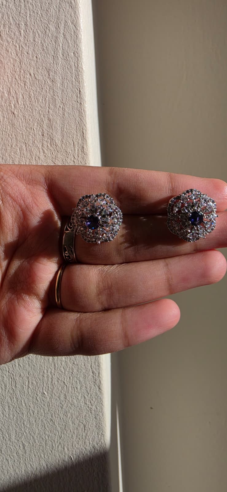 Pink & Purple American Diamond Brass Ear Studs | Handcrafted Floral Statement Earrings | Simply Sajavat Manchester