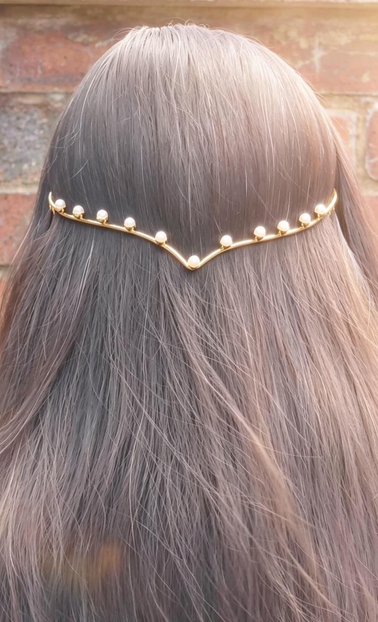 Mini Brass Pearl V‑Headpiece | Handcrafted Gold Hair Ornament | Elegant Indian Hair Jewelry | Simply Sajavat Manchester