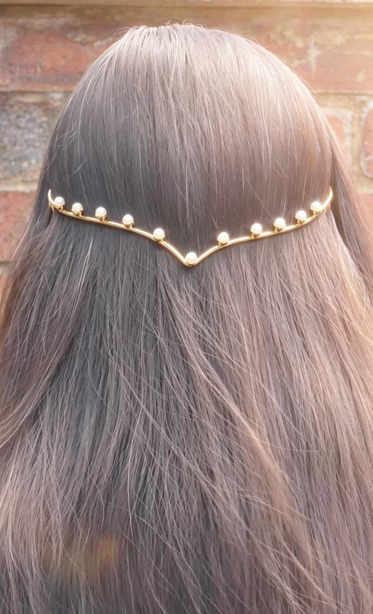 Mini Brass Pearl V‑Headpiece | Handcrafted Gold Hair Ornament | Elegant Indian Hair Jewelry | Simply Sajavat Manchester