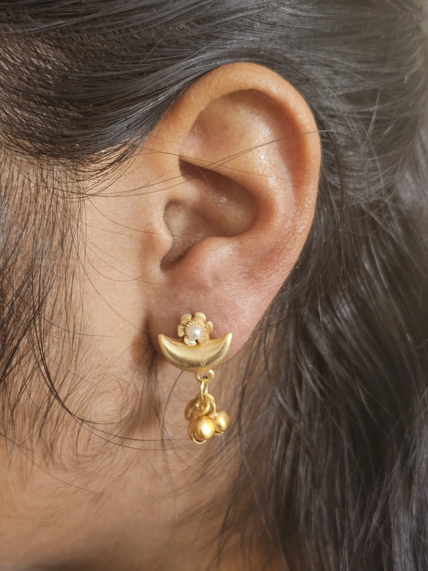 Crescent Chand Earrings Handcrafted .Brass Earrings  Filigree Pearl & Ghungroo Danglers .