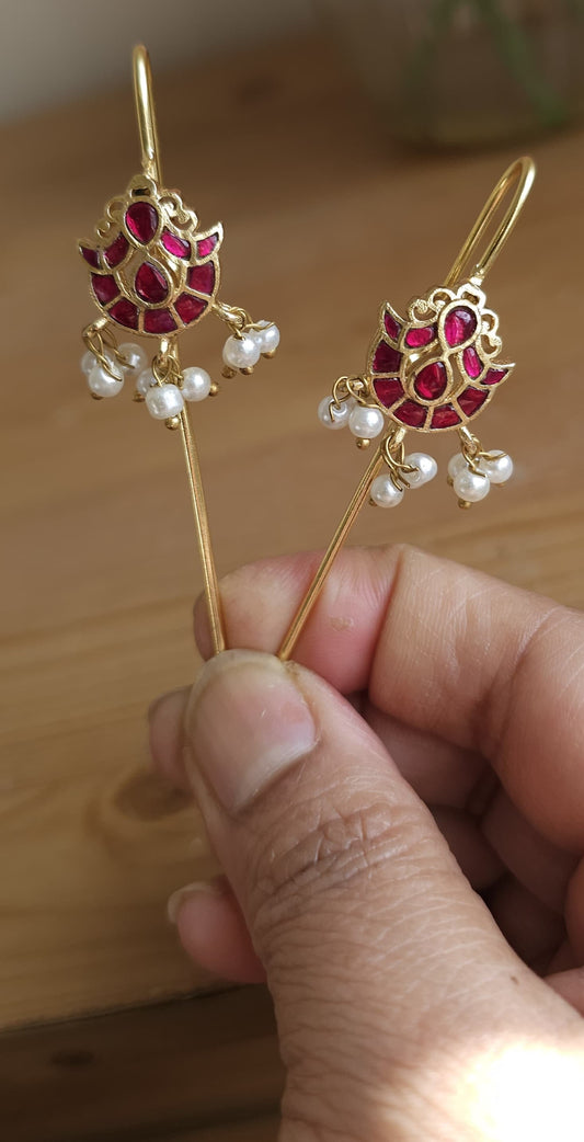Golden Brass Peacock Ear Cuffs with Ruby and Pearl