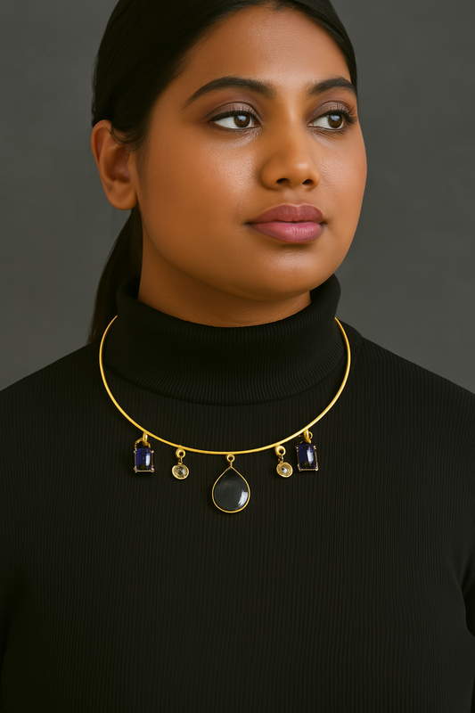 Gold Torque Necklace with Gemstone Drops