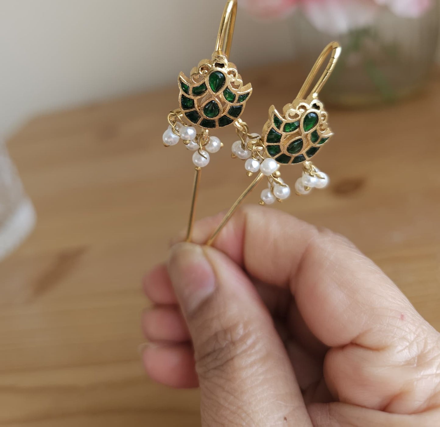 Golden Brass Peacock Ear Cuffs with Emerald and Pearl