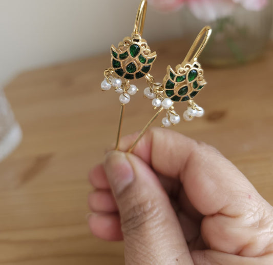 Golden Brass Peacock Ear Cuffs with Emerald and Pearl