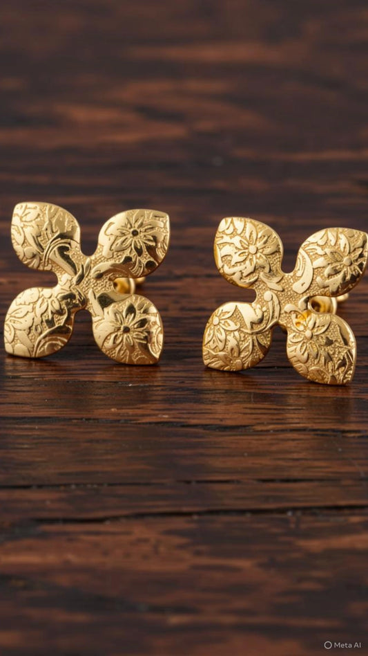 Floral  Earrings.Handcrafted Textured Brass Flower Studs | Etched Floral Statement Earrings.
