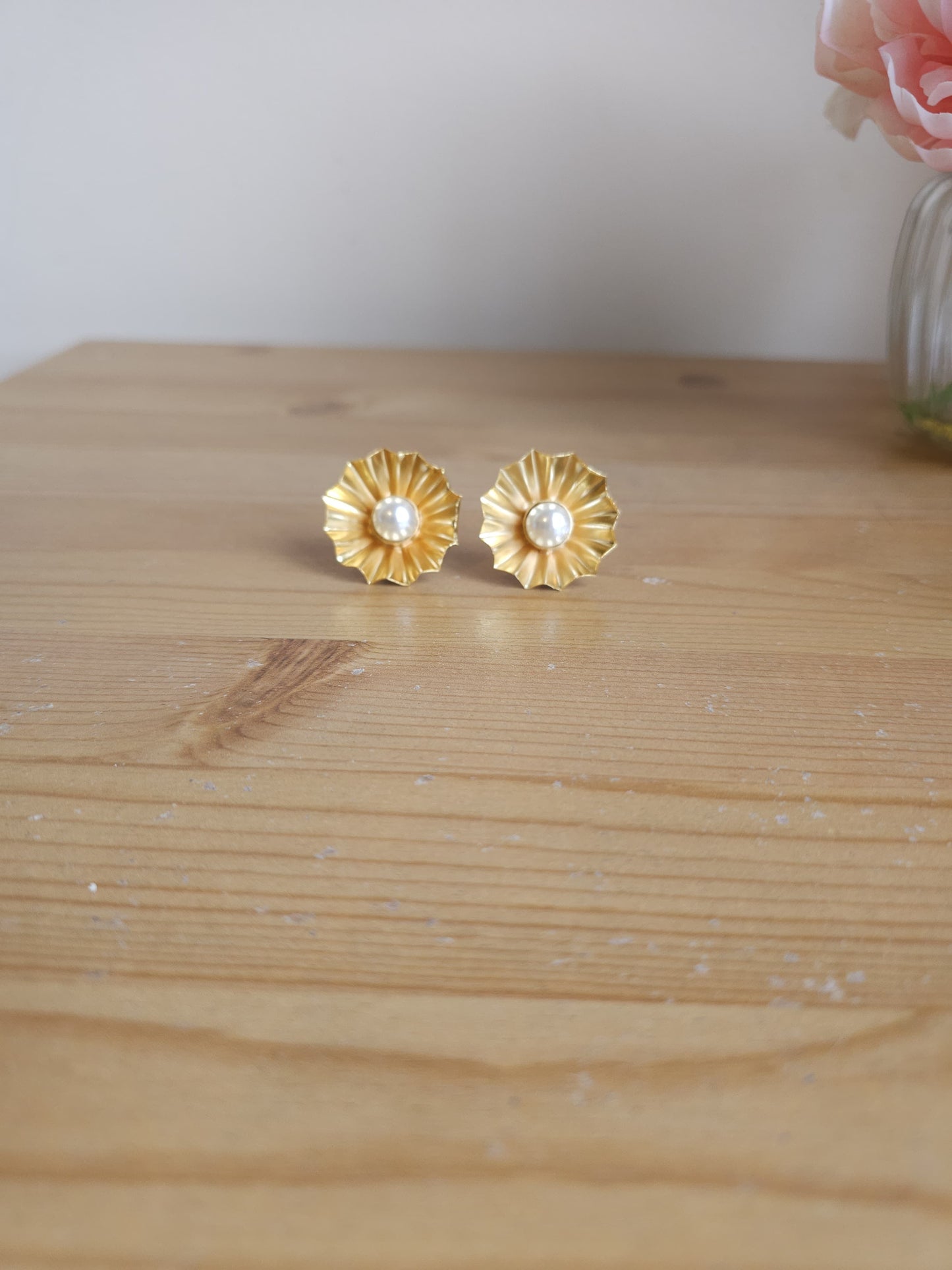 Golden Brass Sunburst Stud Earrings with Pearl Center