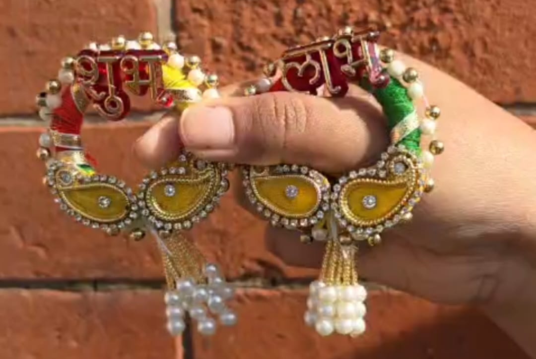 Traditional Shubh Labh Hanging Pair | Auspicious Festive Door Decors with Pearls & Stones | Simply Sajavat Manchester
