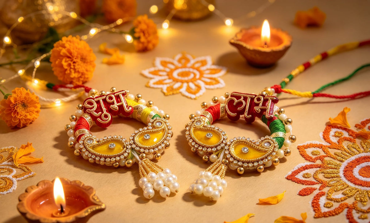 Traditional Shubh Labh Hanging Pair | Auspicious Festive Door Decors with Pearls & Stones | Simply Sajavat Manchester