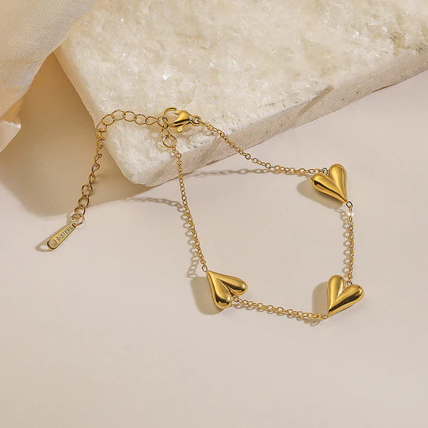 Waterproof Puffed Heart Y-Lariat Necklace & Bracelet Set | Anti-Tarnish Gold Stainless Steel | Simply Sajavat Manchester