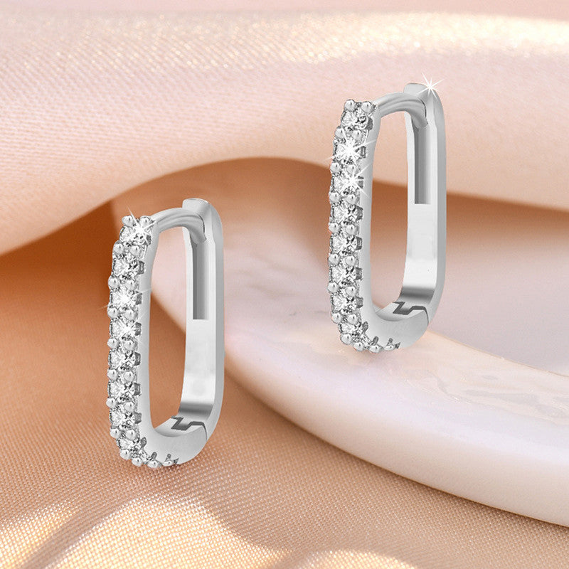 Silver Plated American Diamond Geometrical Hoop Earrings | Korean Style Minimalist Bling