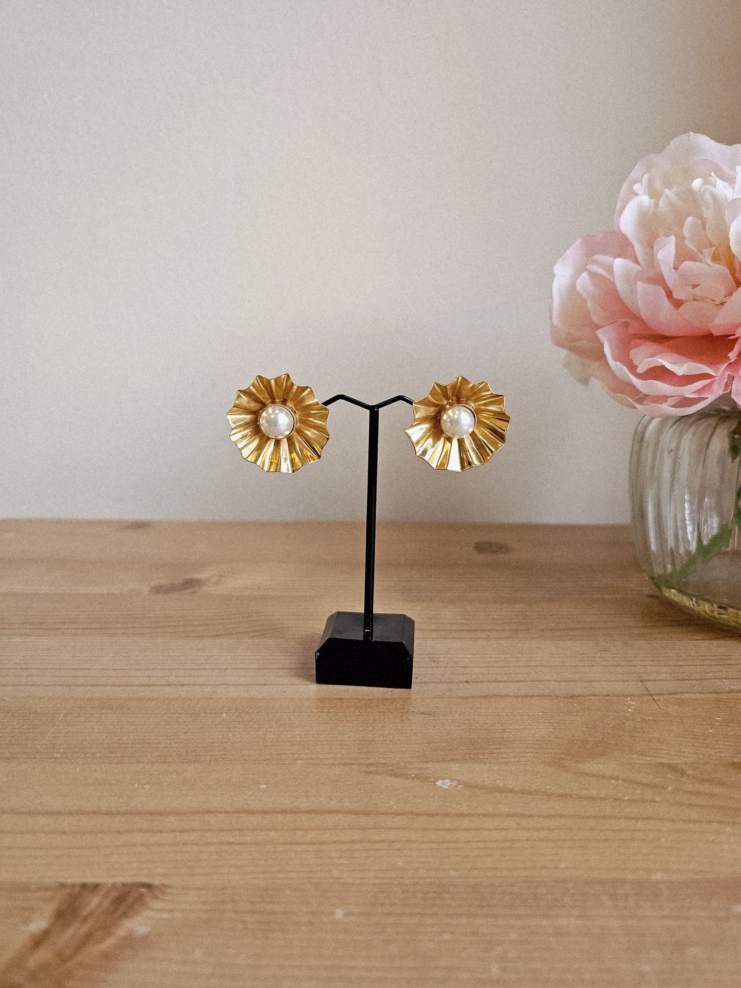 Golden Brass Sunburst Stud Earrings with Pearl Center