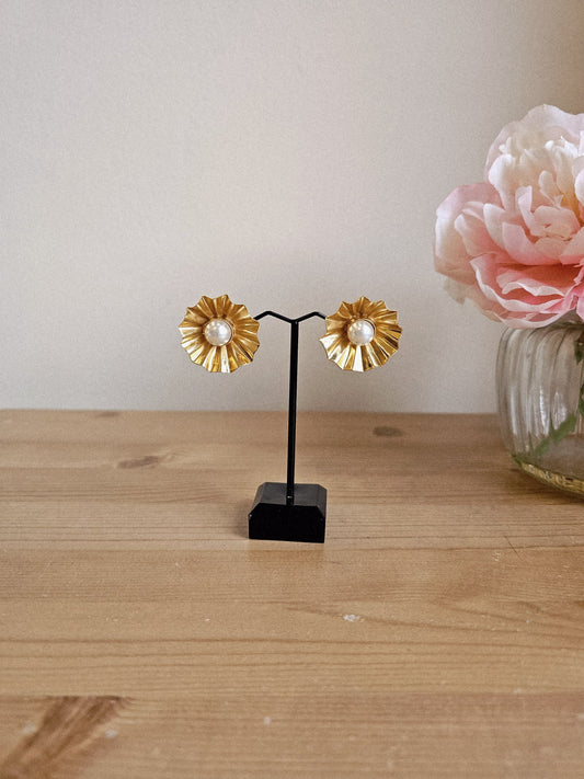 Golden Brass Sunburst Stud Earrings with Pearl Center