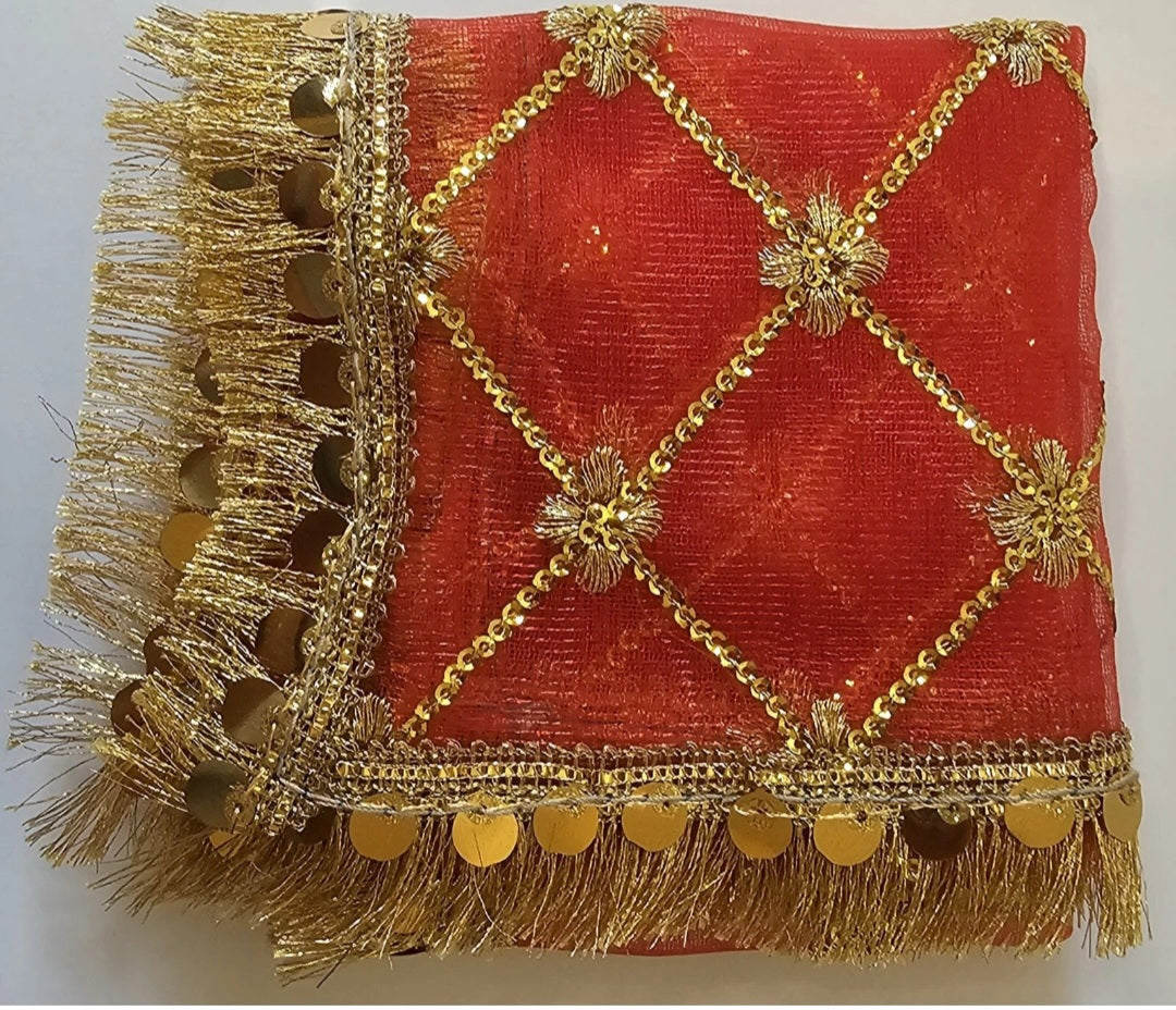Traditional Red Net Mata Rani Chunri | Embroidered Gold Sequin & Fringe Puja Cloth | Simply Sajavat Manchester
