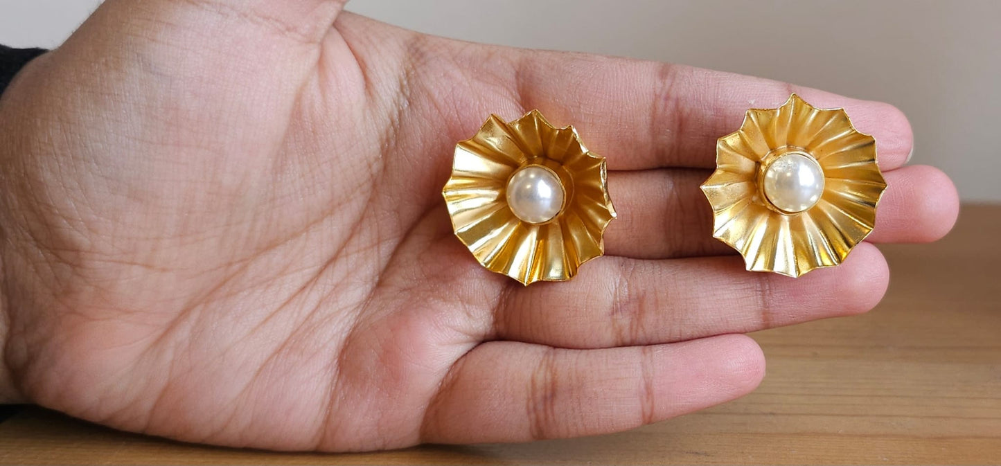 Golden Brass Sunburst Stud Earrings with Pearl Center