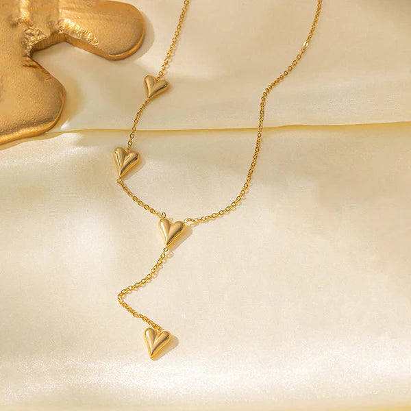 Waterproof Puffed Heart Y-Lariat Necklace & Bracelet Set | Anti-Tarnish Gold Stainless Steel | Simply Sajavat Manchester