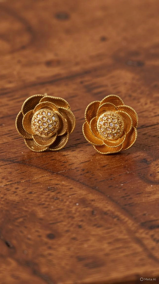 Floral Earrings Handcrafted Brass Rose Ear Studs | Filigree Floral Statement Earrings