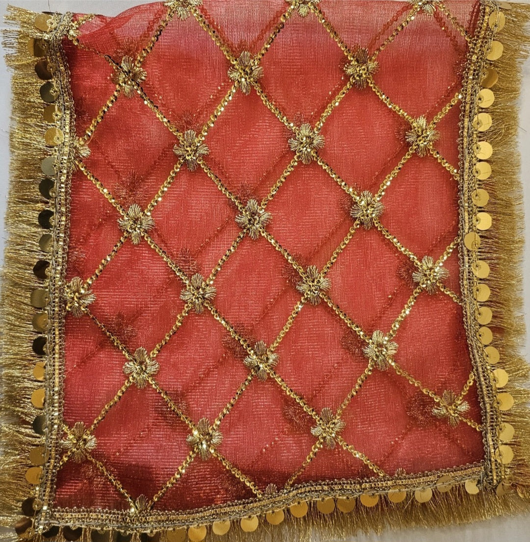 Traditional Red Net Mata Rani Chunri | Embroidered Gold Sequin & Fringe Puja Cloth | Simply Sajavat Manchester