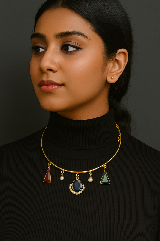 Gold Torque Necklace with Pearl & Gemstone Charms