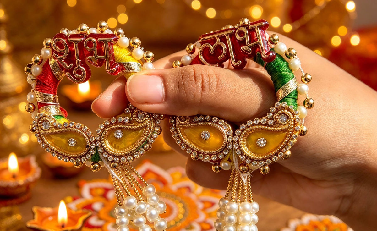 Traditional Shubh Labh Hanging Pair | Auspicious Festive Door Decors with Pearls & Stones | Simply Sajavat Manchester