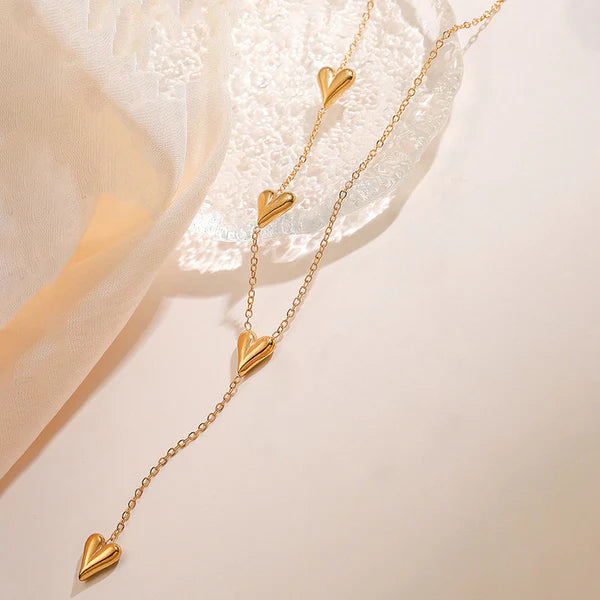 Waterproof Puffed Heart Y-Lariat Necklace & Bracelet Set | Anti-Tarnish Gold Stainless Steel | Simply Sajavat Manchester