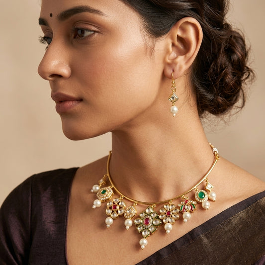 Kundan hasli l Gold Plated Hasli Choker Set | Kundan Meenakari Charm Necklace & Earrings .